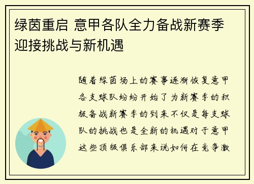 绿茵重启 意甲各队全力备战新赛季 迎接挑战与新机遇